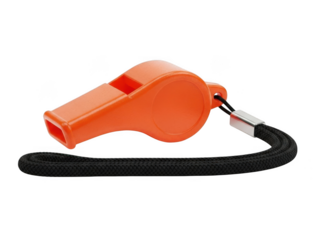 Bright orange whistle with black lanyard isolated on transparent background