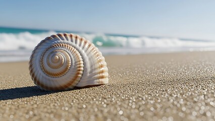 Seashell on Sandy Beach Near Waves and Ocean