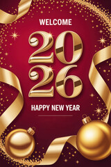 Happy New Year 2026 elegant greeting card with golden numbers festive 