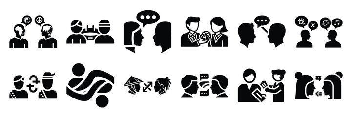 a collection of cross cultural interaction minimal vector icon set, Human interaction vector icon set.