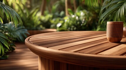 Obraz premium A wooden table with a cup on it in front of a lush green background