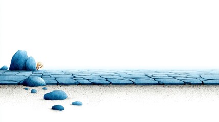 Blue pebbles and a textured path on a white sandy ground