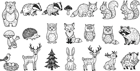 Whimsical Forest Animals Line Art Collection for Kids