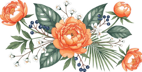Elegant vector illustration featuring peach peony blossoms with lush tropical leaves white jasmine flowers and blue berries for wedding and floral backgrounds © MdMunzurul