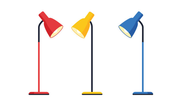 Collection of three modern floor lamps in red, yellow, and blue colors, each with a bright, glowing light.