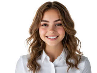 Young Woman Smiling with Wavy Brown Hair isolated on a transparent background female