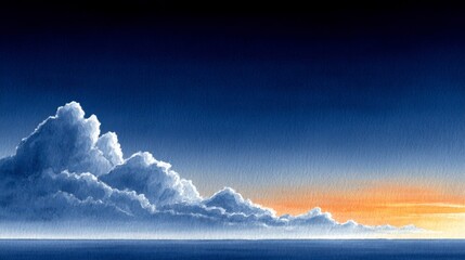 Dramatic cumulonimbus clouds against a deep blue and orange sky