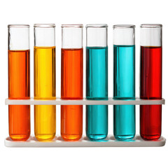 Six test tubes with colored liquids in a rack isolated on transparent background