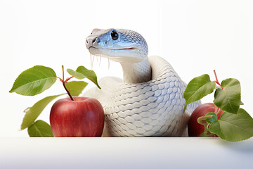 Snake wrapped around apple with leaf 3d rendering white background