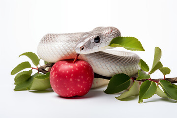 Snake wrapped around apple with leaf 3d rendering white background