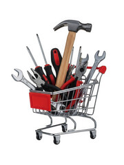 Shopping cart full of tools isolated on transparent background