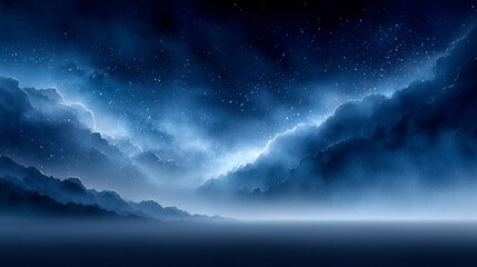 Ethereal glowing clouds drift over misty mountains under starry sky