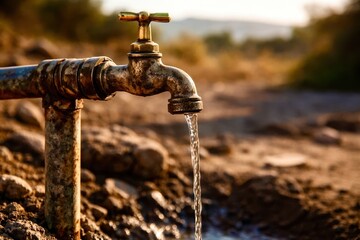 A rusty faucet is dripping water onto the ground