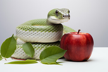 Snake wrapped around apple with leaf 3d rendering white background