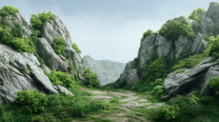An amazing green trail winds its way between massive, rocky cliffs covered in lush vegetation towards distant mountains under a peaceful, cloudy sky view.