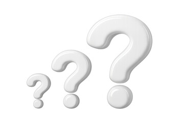 Three shiny white question mark symbols of varying sizes representing inquiries, help, solutions, and communication. Transparent background