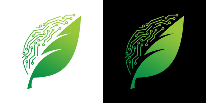 leaf circuit logo. green tech logo with single leaf and circuit design 