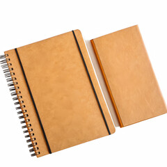 Textured, rectangular kraft paper spiral-bound notebook with a dark elastic closure band is displayed fully open, revealing blank, unlined pages and a subtle, isolated on transparent background.