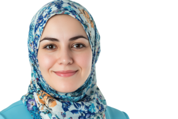 Woman Wearing a Colorful Floral Hijab and Blue Smiling on Transparent Background isolated on a transparent background
