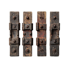 Four antique metal hinges isolated on transparent background