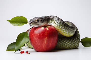 Snake wrapped around apple with leaf 3d rendering white background
