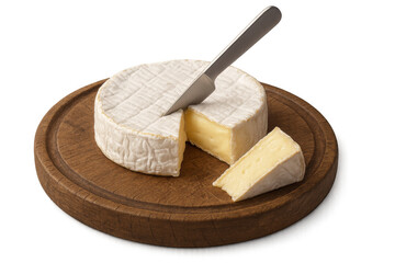 Camembert cheese wheel with a slice being cut on a wooden board, gourmet dairy appetizer for food concepts, transparent background