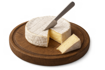Camembert cheese wheel with a slice being cut on a wooden board, gourmet dairy appetizer for food concepts, transparent background