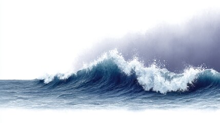 Powerful ocean wave cresting with white foam against a misty background