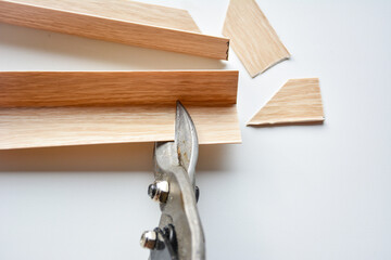 metal shears cutting a plastic trim. interaction between the industrial tool and the plastic material, precision of the cutting process. for instructional content about construction and carpentry