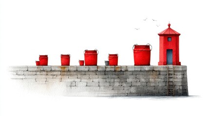 Red buckets lined up on a stone dock beside a small red lighthouse