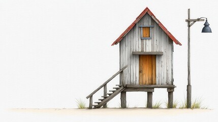 Rustic wooden stilt house with red roof on beach, lit by lamppost