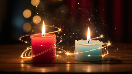 Two lit candles with glowing light trails on dark bokeh background