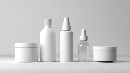 Collection of blank white and clear cosmetic packaging bottles and jars on a clean background