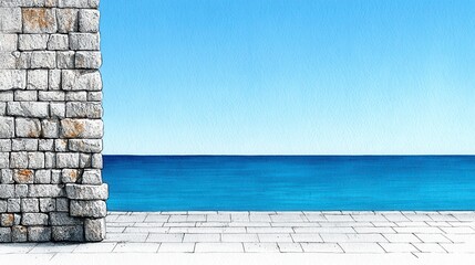 Stone wall overlooks bright blue sea and sky from paved terrace