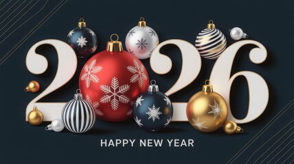 Happy New Year 2026 greeting with festive holiday ornaments