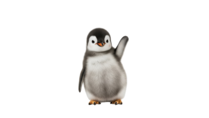 Adorable fluffy baby penguin chick standing and waving flipper isolated PNG with Transparent Background