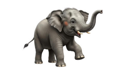 Adorable gray baby elephant illustration standing happily with trunk raised isolated PNG with Transparent Background