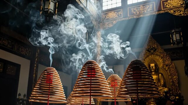 Incense coils burning in a Buddhist temple with sunbeams.