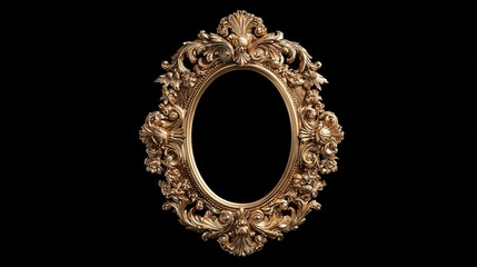Ornate golden oval frame with intricate baroque detailing on a stark black background