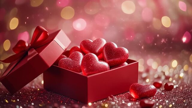 Red gift box filled with heart candies sparkling romantic luxury presentation valentines love festive background