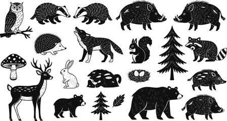 Forest Animals Illustration Set in Black and White