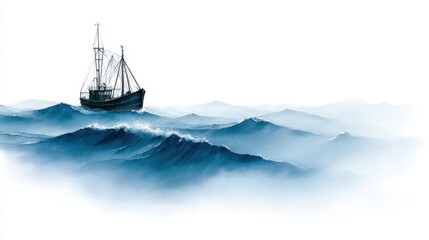 Vessel navigates choppy blue ocean under a vast, foggy sky