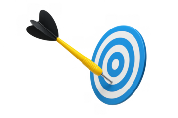 Dart hitting bullseye on target board 3d rendering, achieving success, aiming for goals and marketing precision with transparency