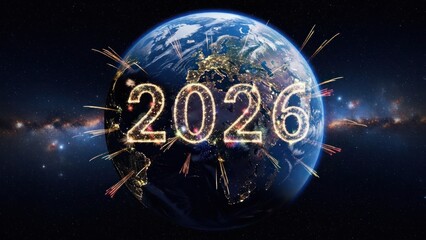Earth with glowing 2026 numbers and fireworks planet