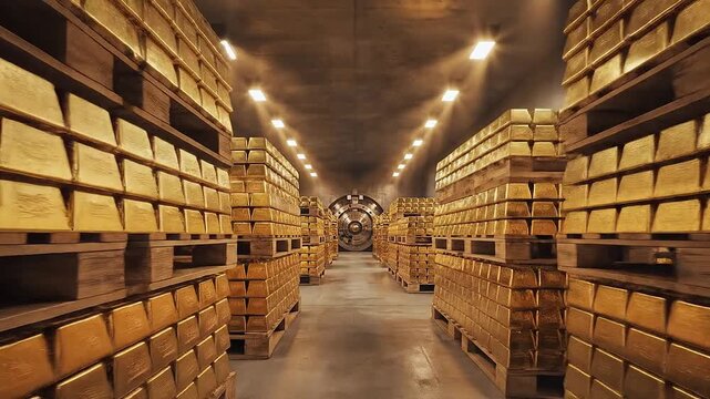 Treasury reserve corridor lined with pallets of gold bars stock