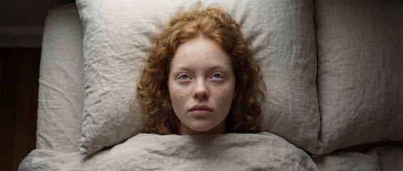 Red-haired young woman lying in bed staring upward under soft beige linen bedding in quiet minimal bedroom with natural light