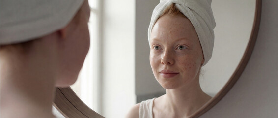Young red-haired woman with towel wrapped on head looking at reflection in mirror after skincare routine in calm minimalist bathroom