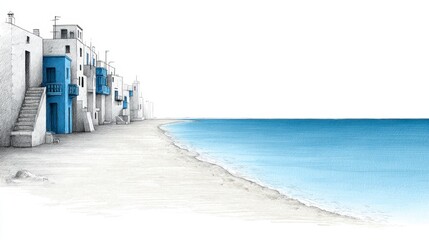 White and blue coastal village buildings line a sandy beach