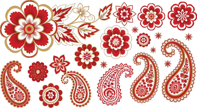 Traditional ethnic vector set featuring intricate red and gold floral mandalas paisley patterns and decorative ornaments for luxury textile and greeting card designs