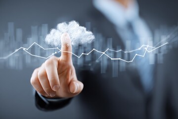 Businessman interacts with cloud computing technology in modern office during daytime to enhance data management and business solutions